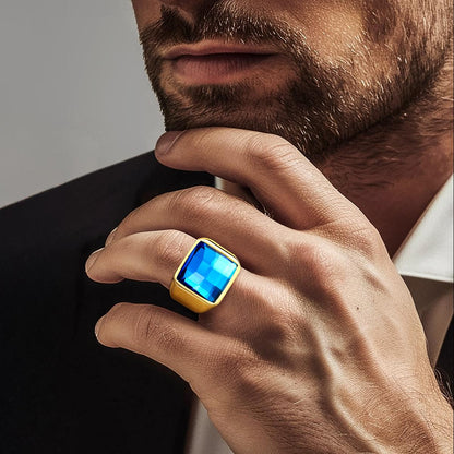 A Man Wearing Mens Gemstone Signet Band Ring
