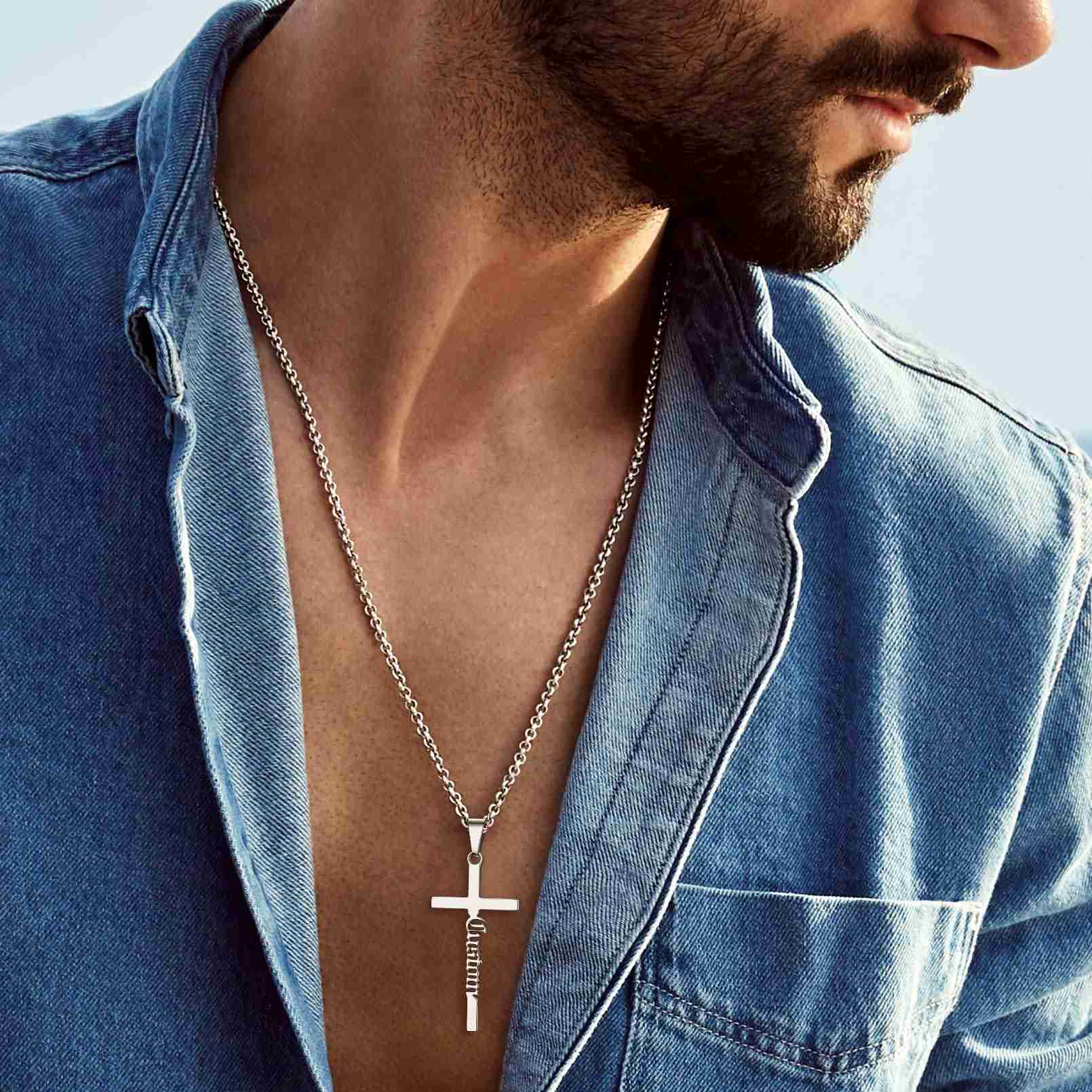A Man Wearing Name Cross Necklace