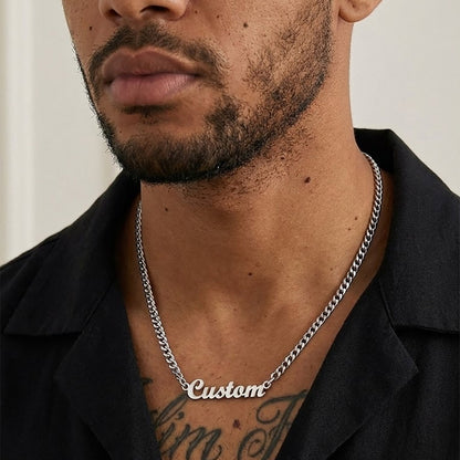 A Man Wearing Name Cuban Chain Necklace