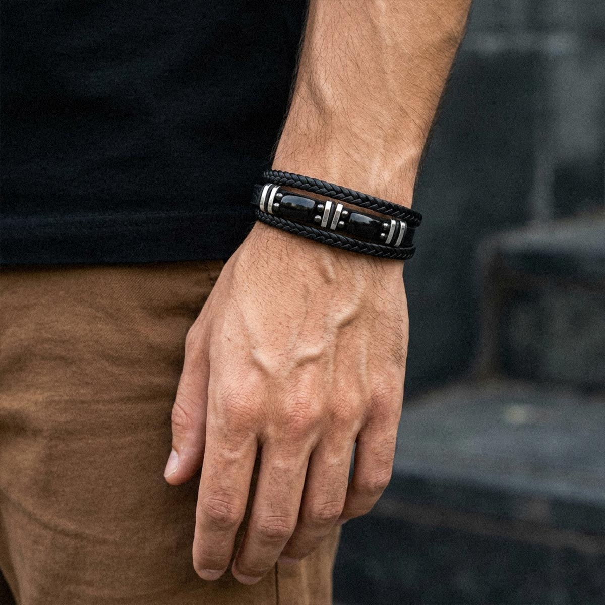 A Man Wearing Obsidian Multilayer Leather Bracelet Braided Leather Wristband for Men