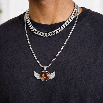 A Man Wearing Personalized Angel Wings Picture Necklace 