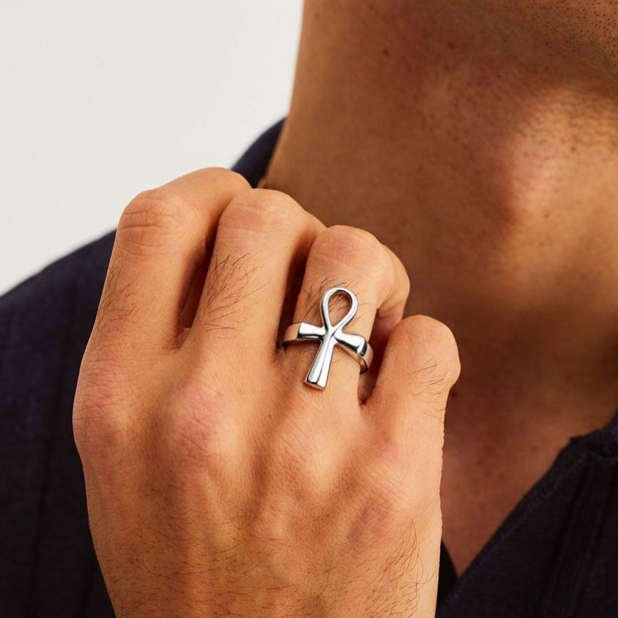 A Man Wearing Personalized Ankh Cross Ring