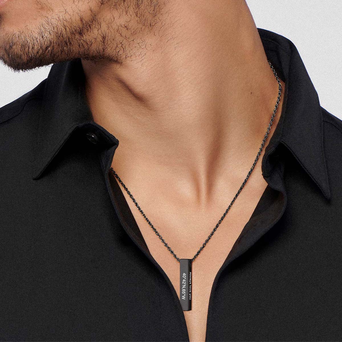 A Man Wearing Personalized Bar Urn Necklaces for Ashes