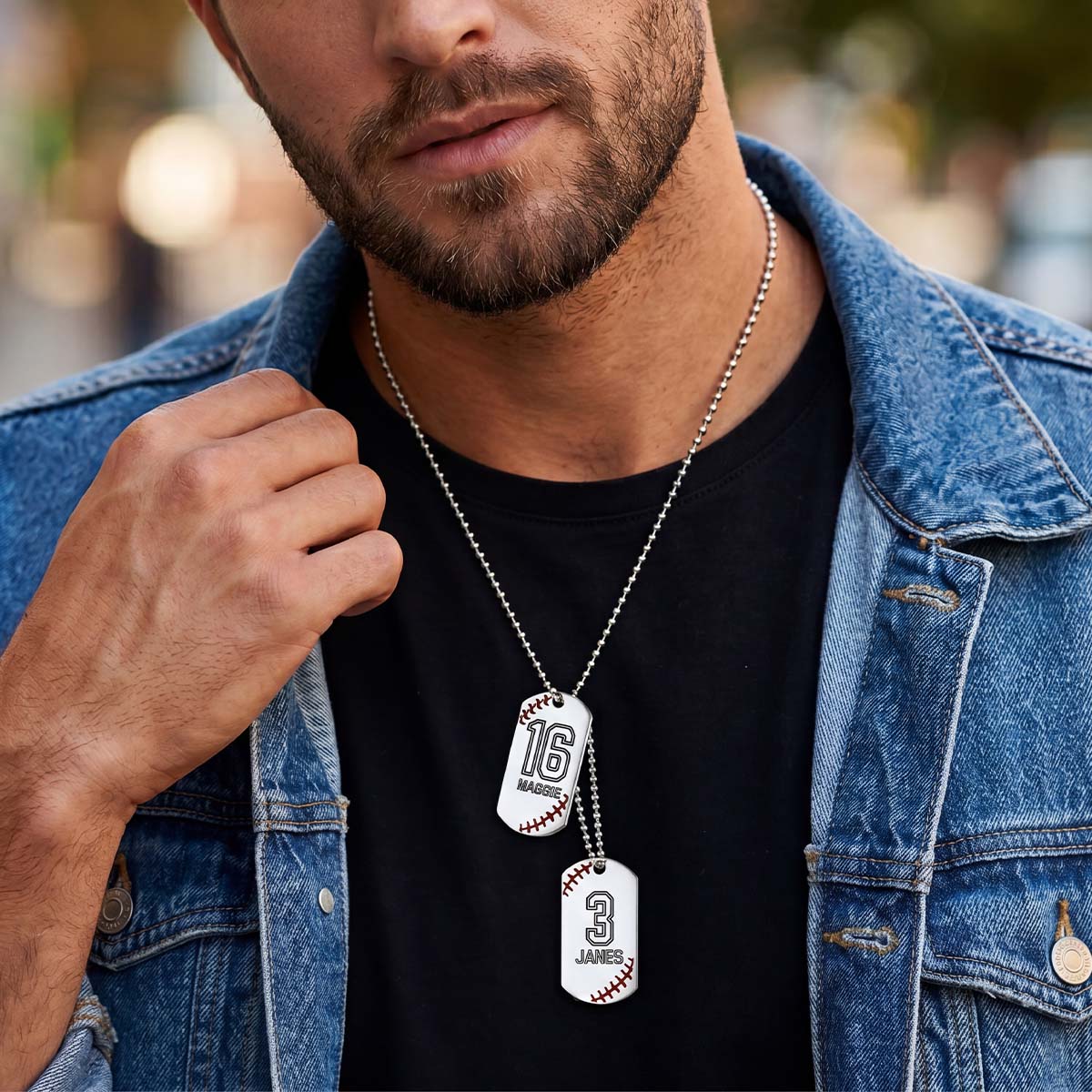 A Man Wearing Personalized Baseball Number Dog Tag Necklaces