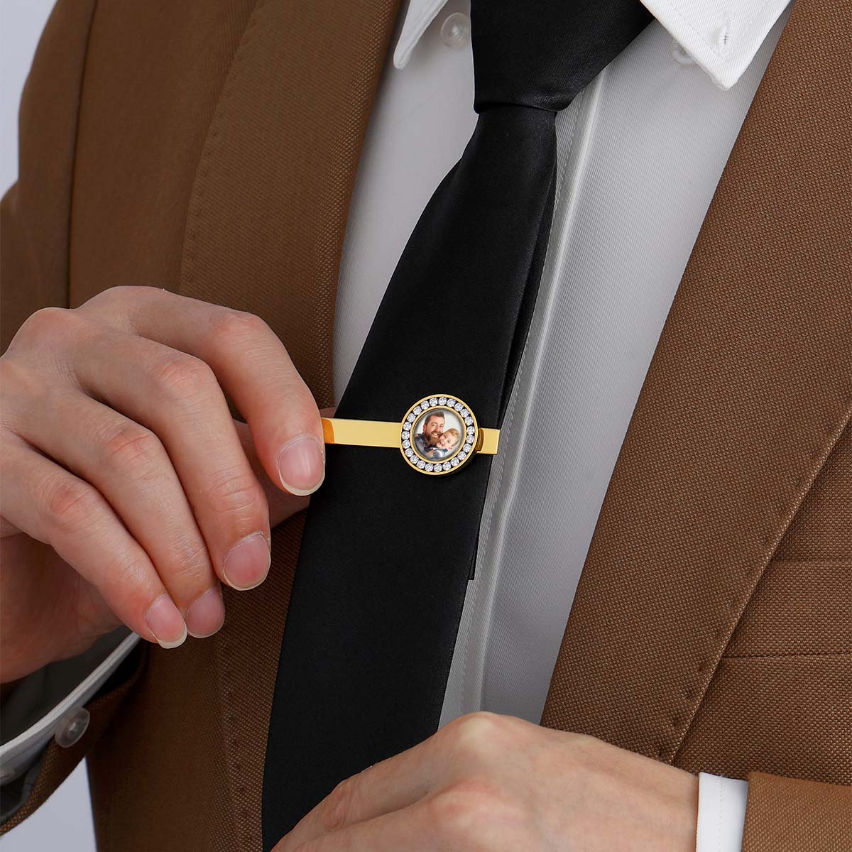 A Man Wearing Personalized CZ Picture Tie Clip for Wedding