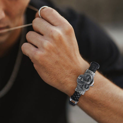 A Man Wearing Personalized Cobra Leather Braided Bracelet