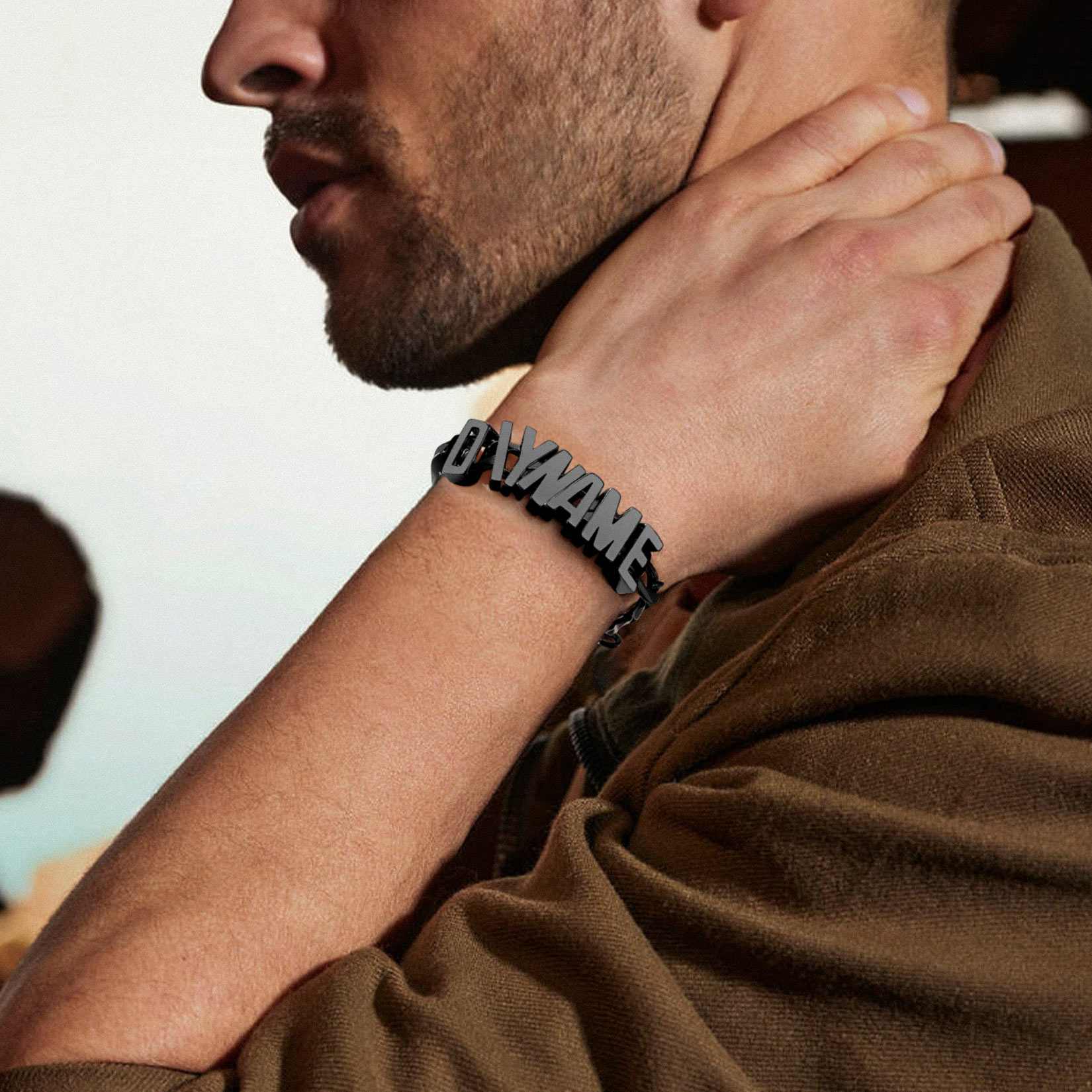 A Man Wearing Personalized Cuban Chain Name Bracelet