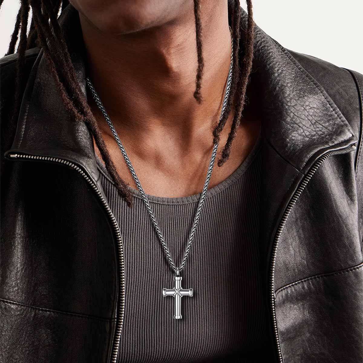  A Man Wearing Personalized Engravable X Cross Urn Necklaces