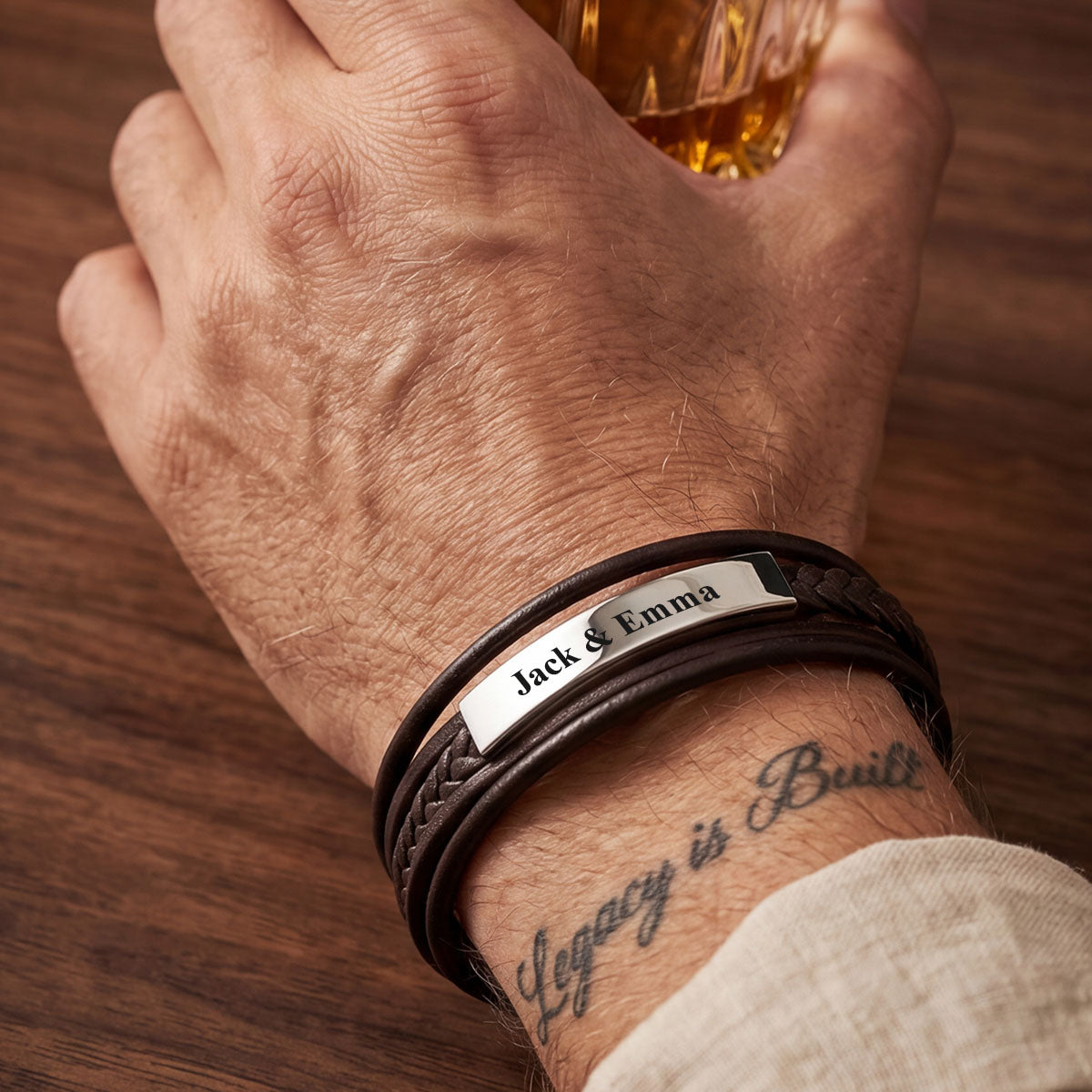 A Man Wearing Personalized Engraved Braided Leather Bracelet 