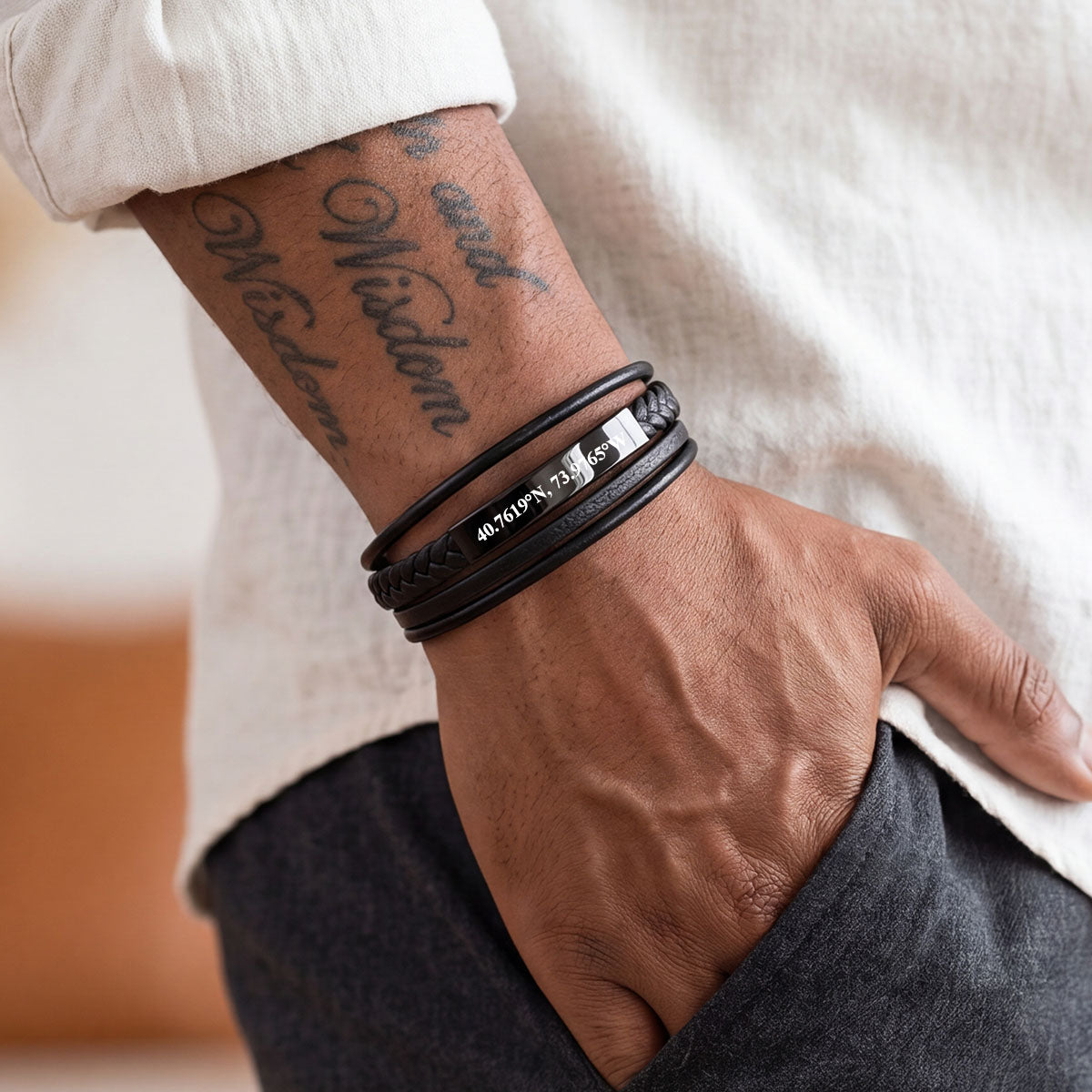 A Man Wearing Personalized Engraved Braided Leather Bracelet for Men