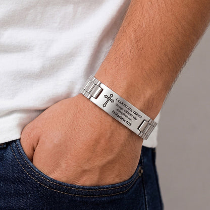 A Man Wearing Personalized Engraved Cross Bracelet