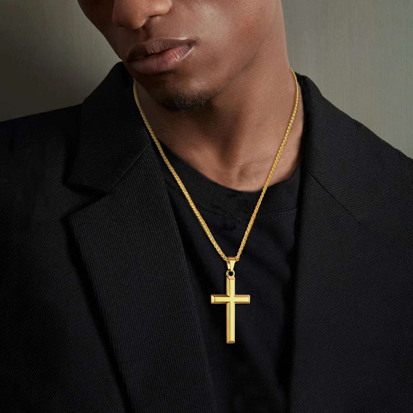 A Man Wearing Personalized Engraved Cross Necklace
