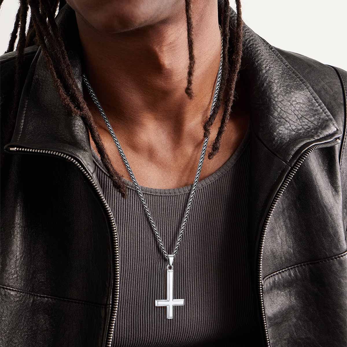 A Man Wearing Personalized Engraved Inverted Cross Necklace