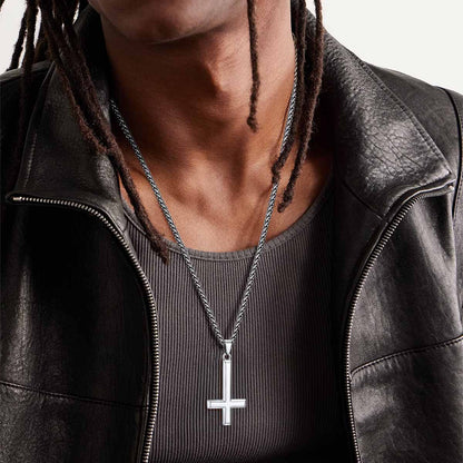A Man Wearing Personalized Engraved Inverted Cross Necklace