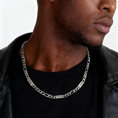 A Man Wearing Personalized Engraving Name Figaro Chain Necklace