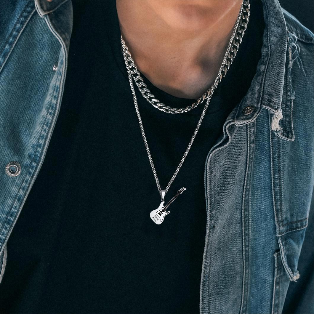 A Man Wearing Personalized Guitar Pendant Necklace Wheat Chain