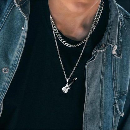 A Man Wearing Personalized Guitar Pendant Necklace Wheat Chain