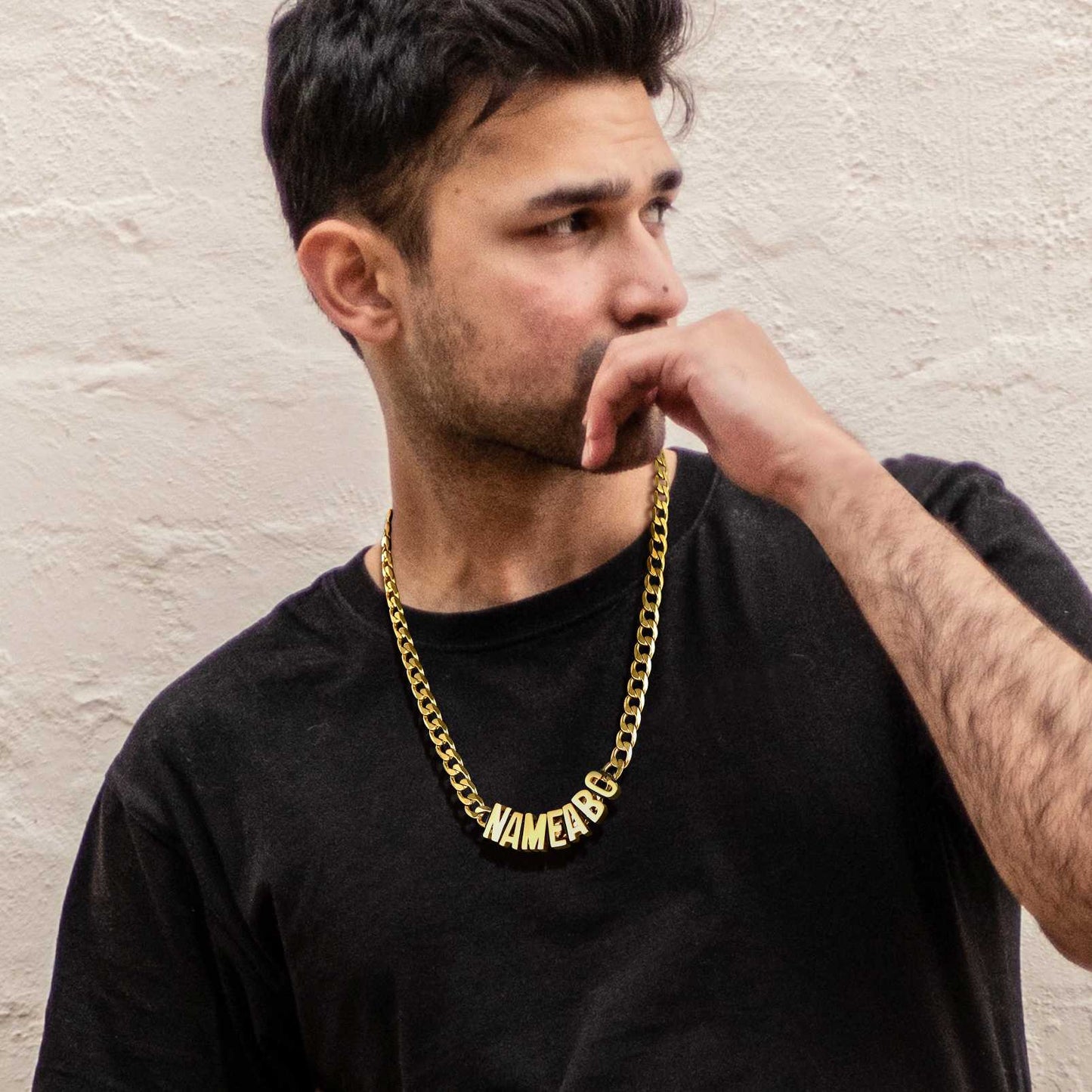 A Man Wearing Personalized Initial Name Cuban Chain Necklace