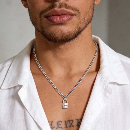 A Man Wearing Personalized Lock Pendant Necklace