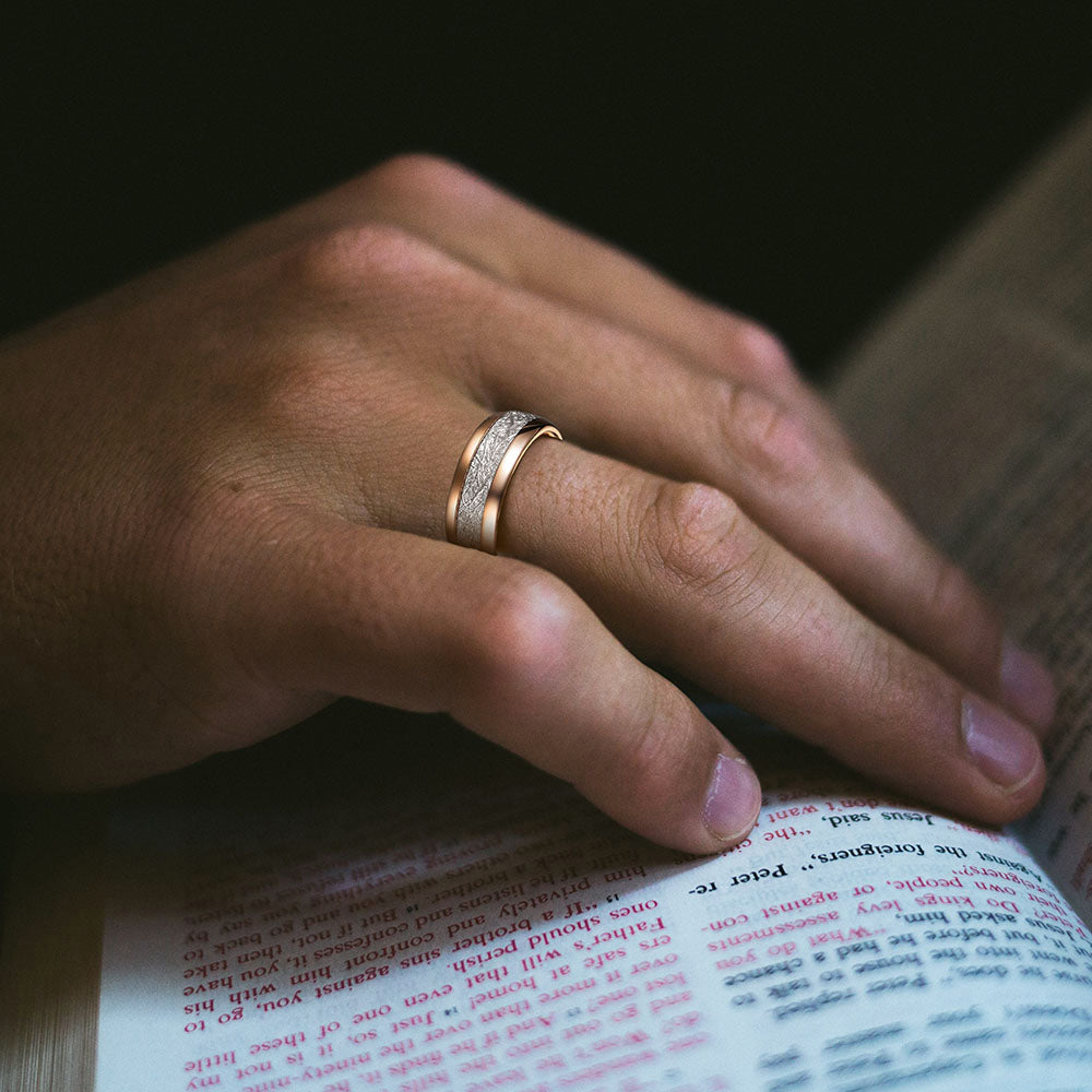 A Man Wearing Personalized Meteorite Inlay Tungsten Carbide Promise Ring
