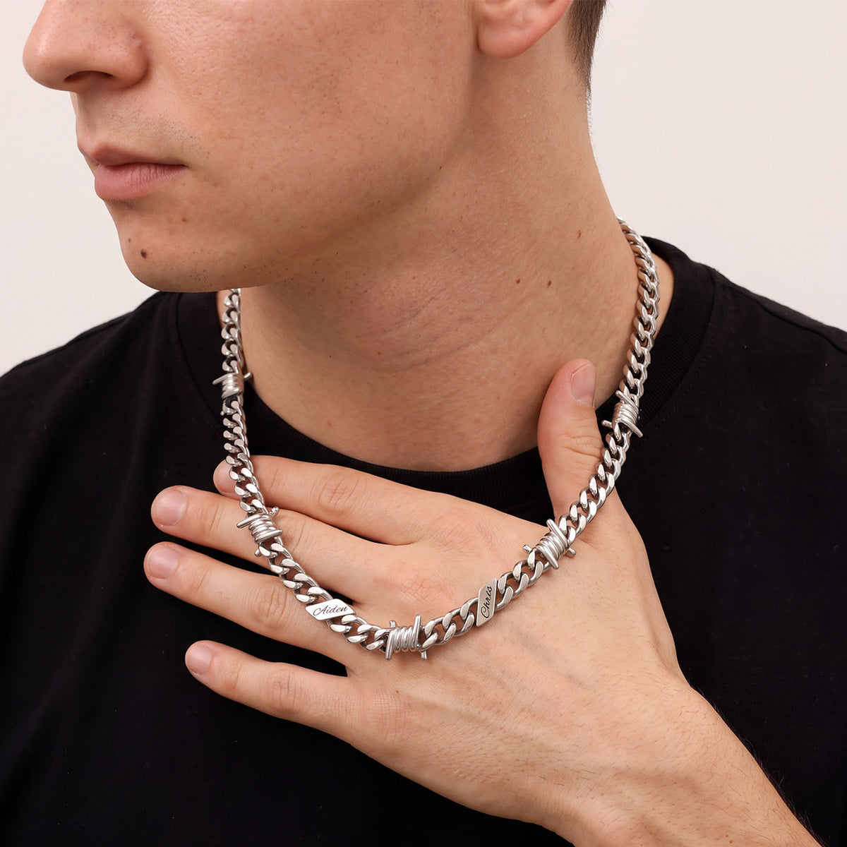 A Man Wearing Personalized Multi-Name Barbed Wire Cuban Link Necklace 5/7/9MM