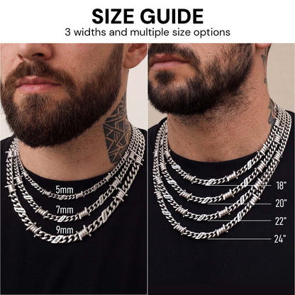 A Man Wearing Personalized Multi-Name Barbed Wire Cuban Link Necklace in different size and length