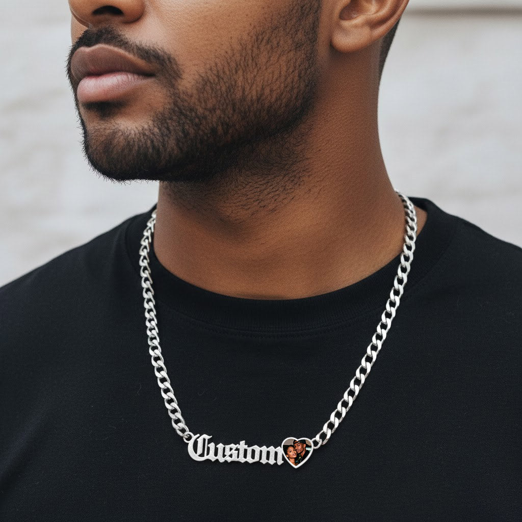 A Man Wearing Personalized Name Cuban Chain Picture Necklace