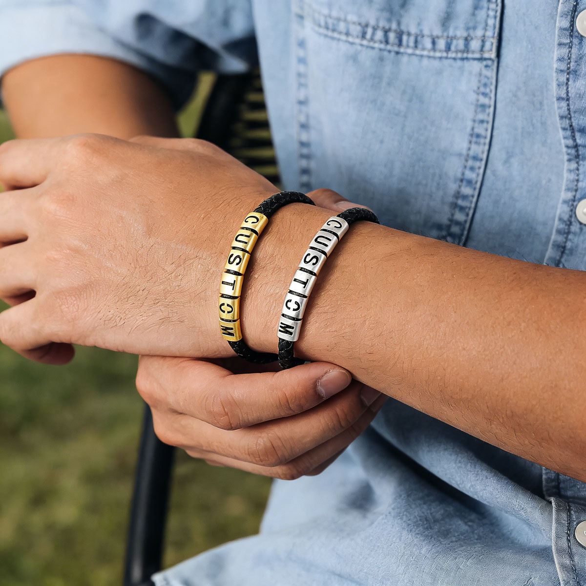 A Man Wearing Personalized Name Initials Bracelets
