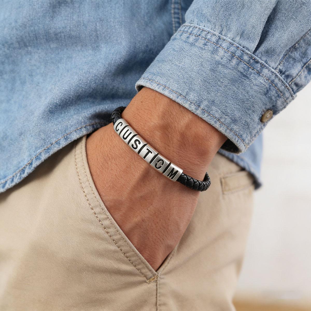 A Man Wearing Personalized Name Initials Leather Bracelet