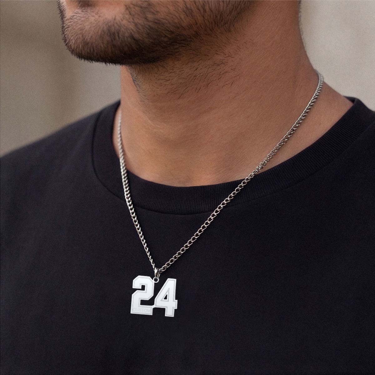 A Man Wearing Personalized Name Number Necklace Jersey Number Necklace