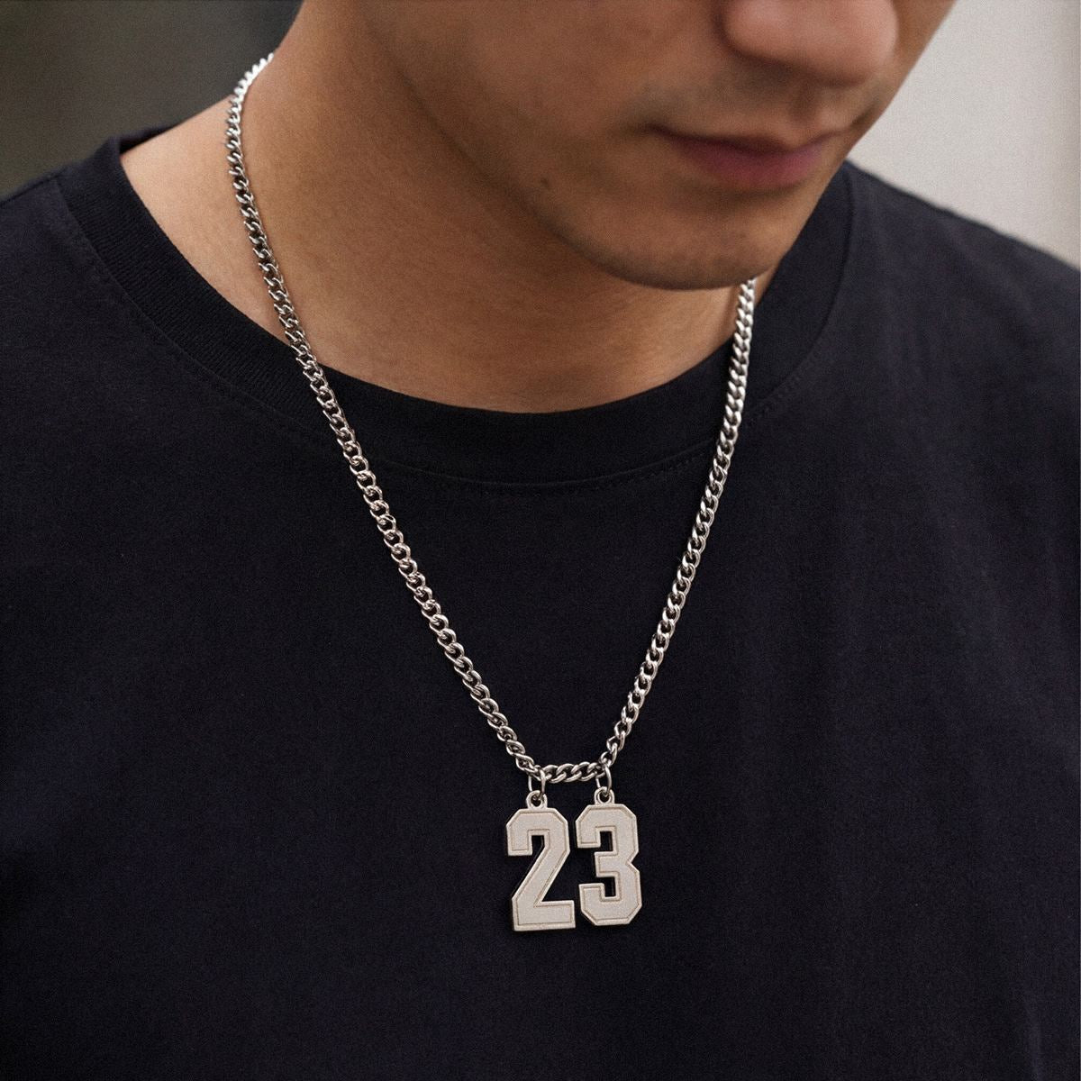 A Man Wearing Personalized Number Necklace 2 digits