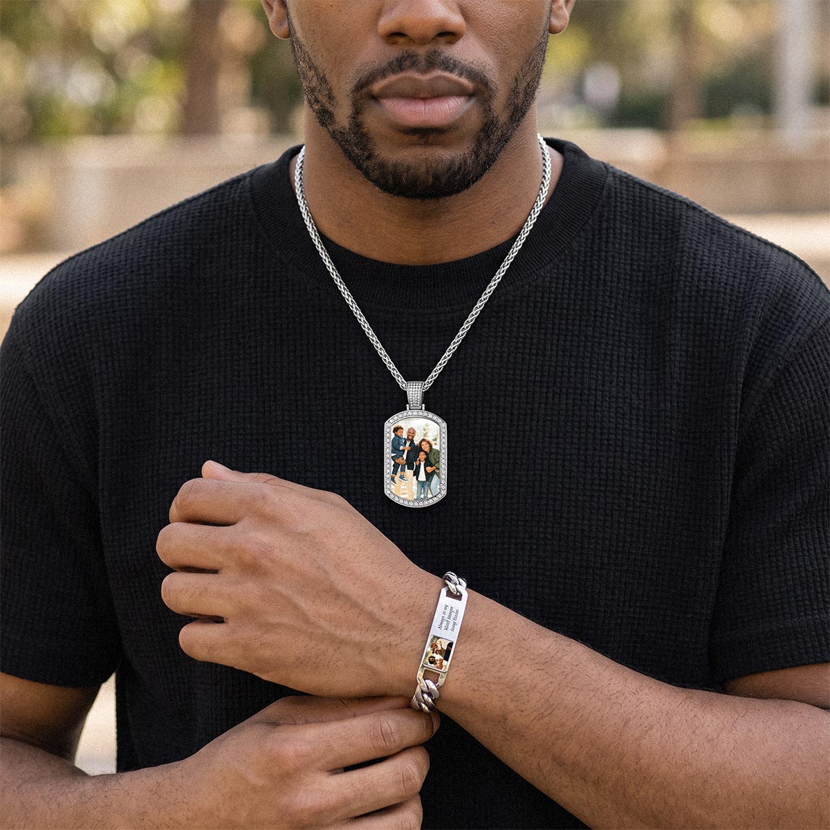 A Man Wearing Personalized Photo Dog Tag Necklace & Bracelet Set