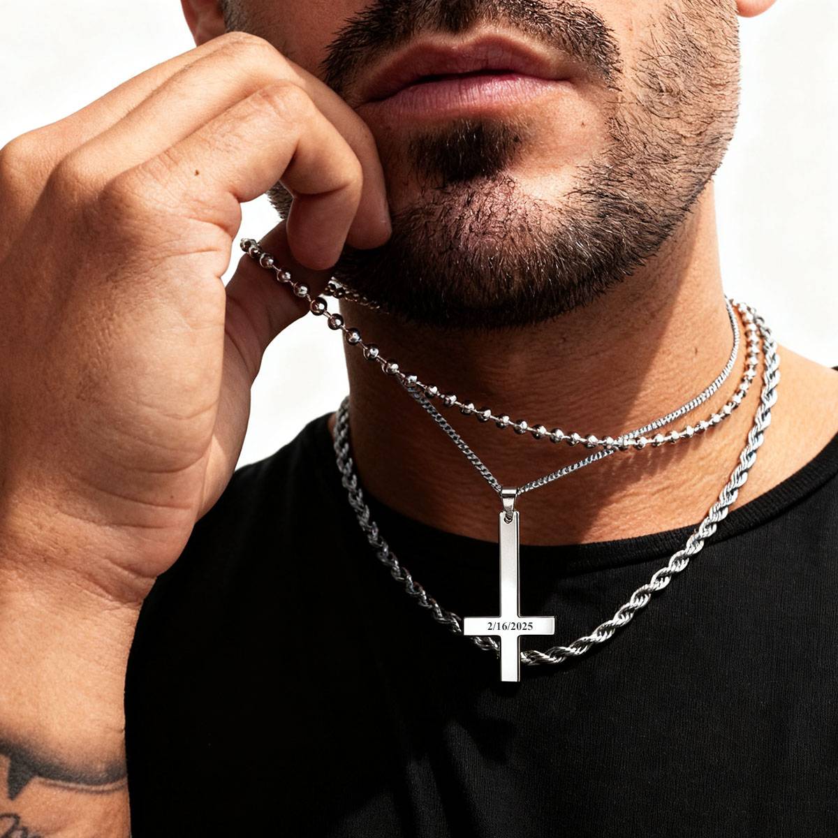 A Man Wearing Personalized Upside Down Cross Necklace