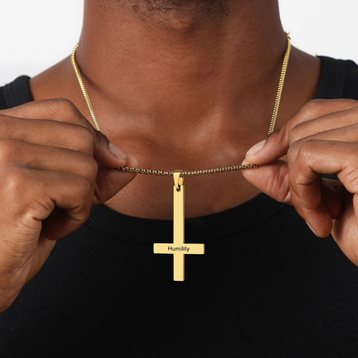 A Man Wearing Personalized Upside Down Cross Necklace Gold Plated