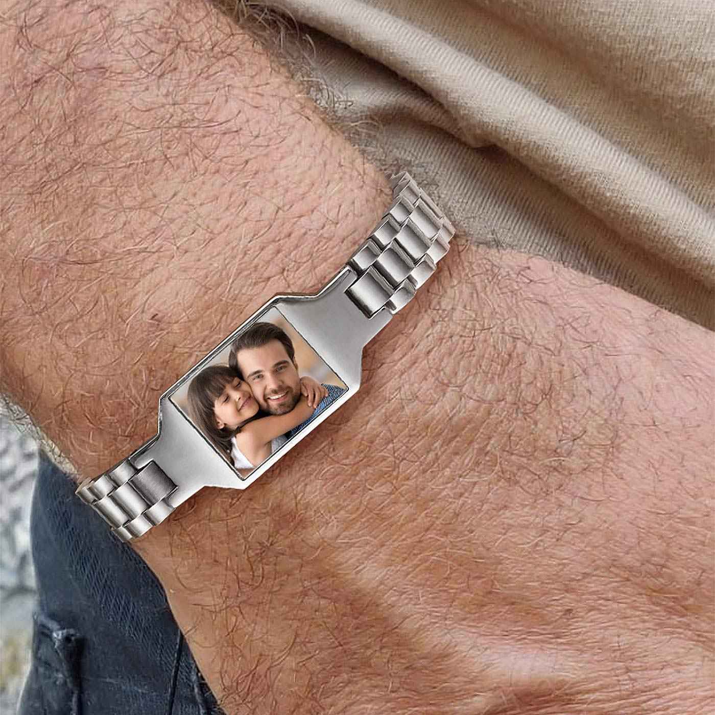 A Man Wearing Personalized Wristband Photo Bracelet