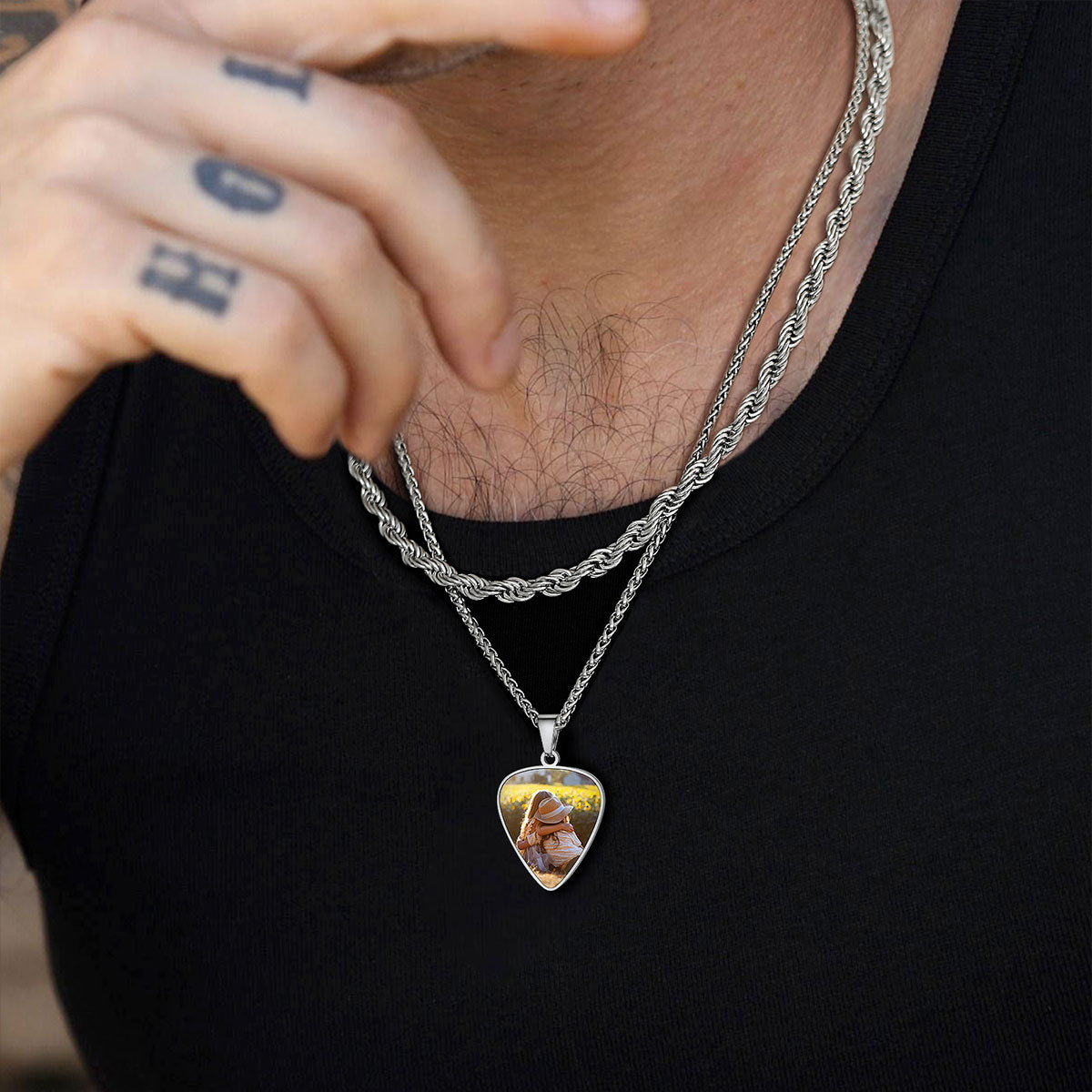 A Man Wearing  Photo Hip Hop Punk Guitar Pick Necklace