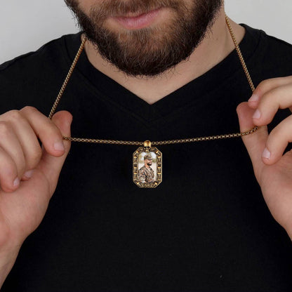 A Man Wearing Picture Skull Octagonal Dog Tag Necklace
