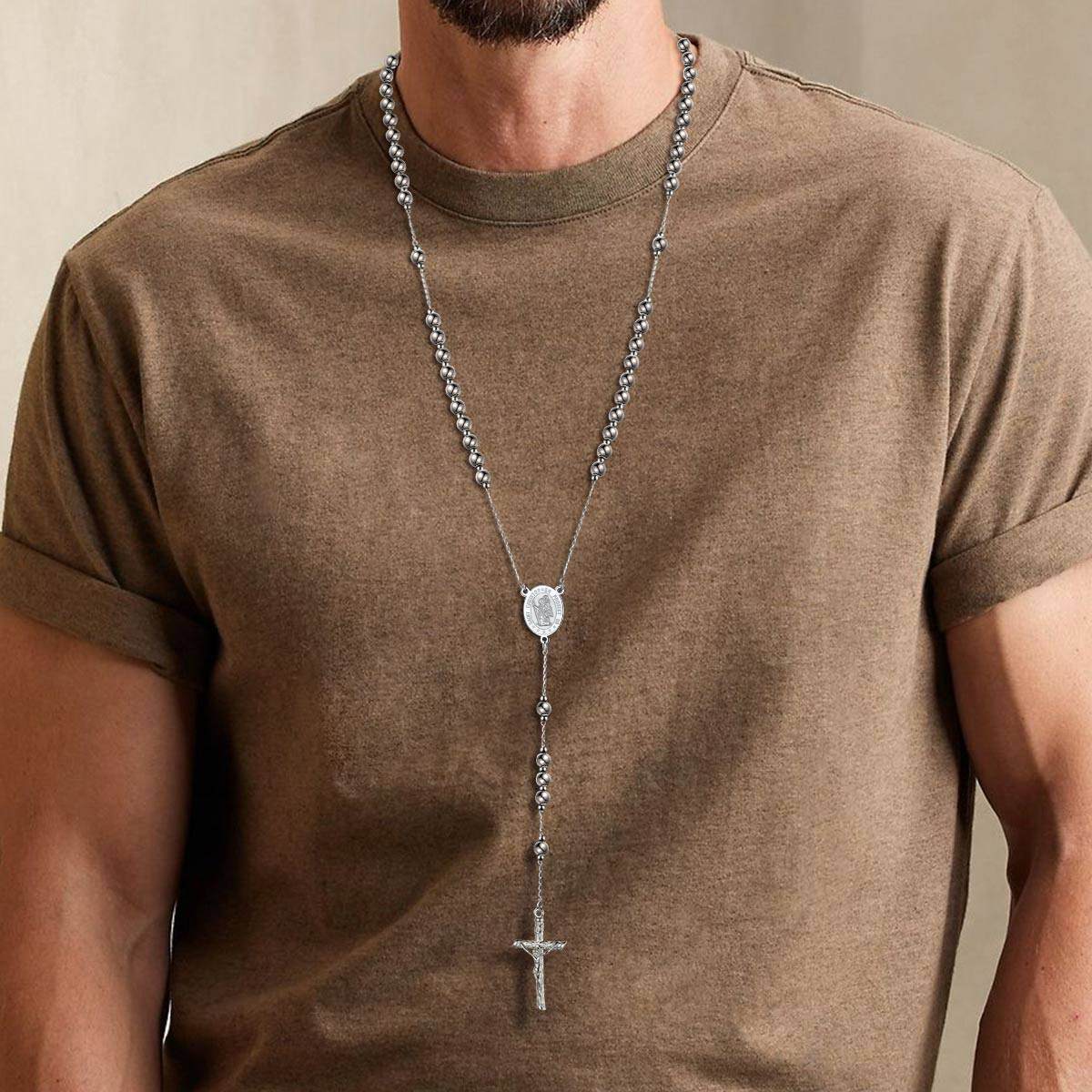 A Man Wearing Saint Christopher Rosary Beads Necklace with Cross