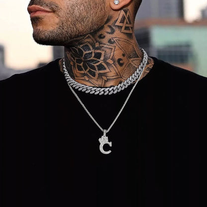 A Man Wearing Sparkly Cubic Zirconia Initial Necklace