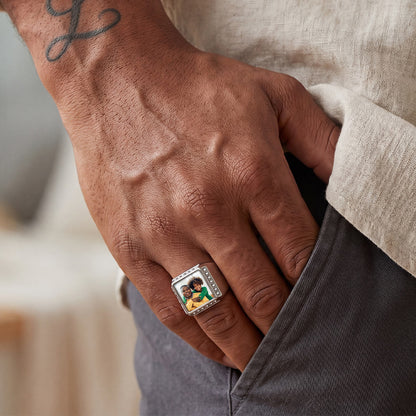 A Man Wearing Steel Personalized CZ Photo Ring Engraving Signet Ring for Men