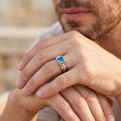 A Man Wearing Sterling Silver Custom Birthstone Signet Band Ring 