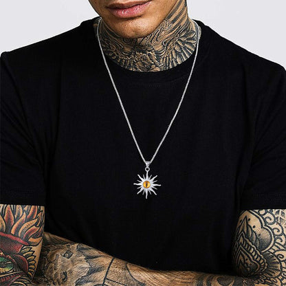 A Man Wearing Sunburst Yellow Evil Eye Necklace