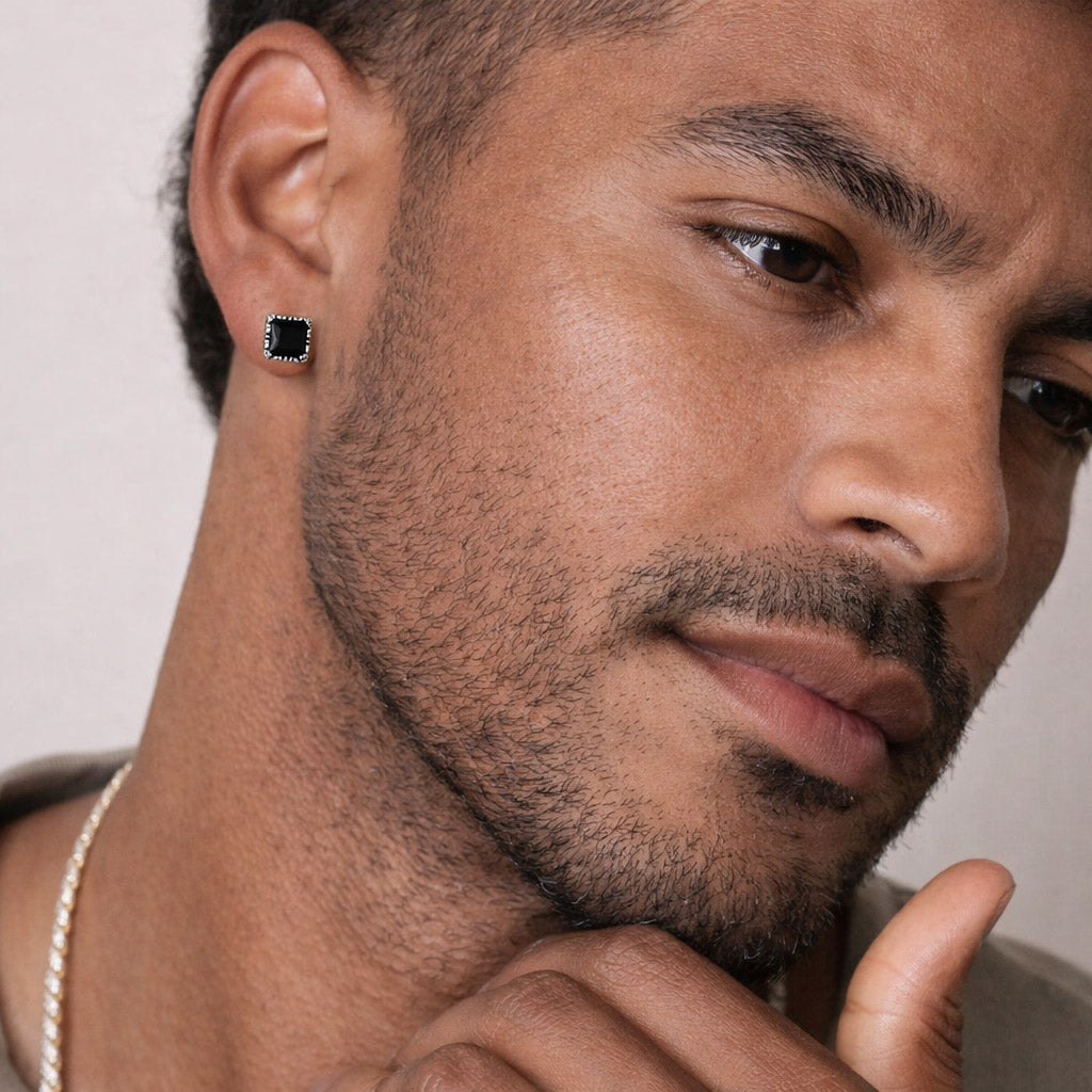 A Man Wearing Vintage Silver Crown Stud Earrings Cubic Zirconia Earrings