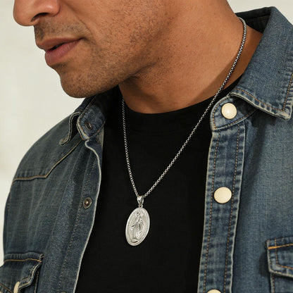 A Man Wearing Virgin Mary Miraculous Medal Necklace