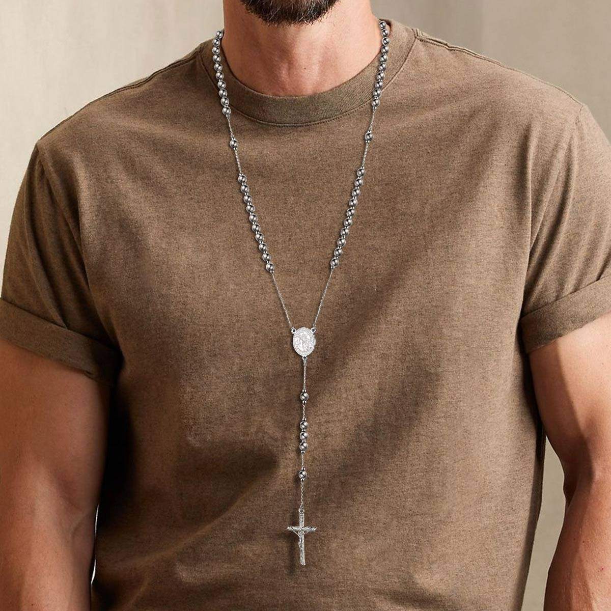A Man Wearing Saint Michael Rosary Beads Necklace with Cross