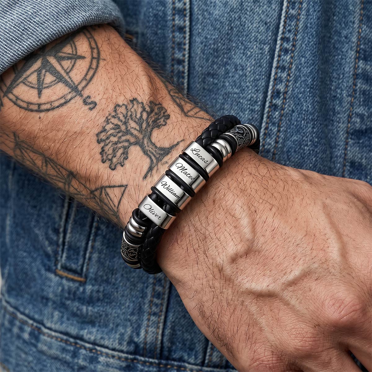 A Man in blue cloth Wearing Custom name Viking Leather bracelets