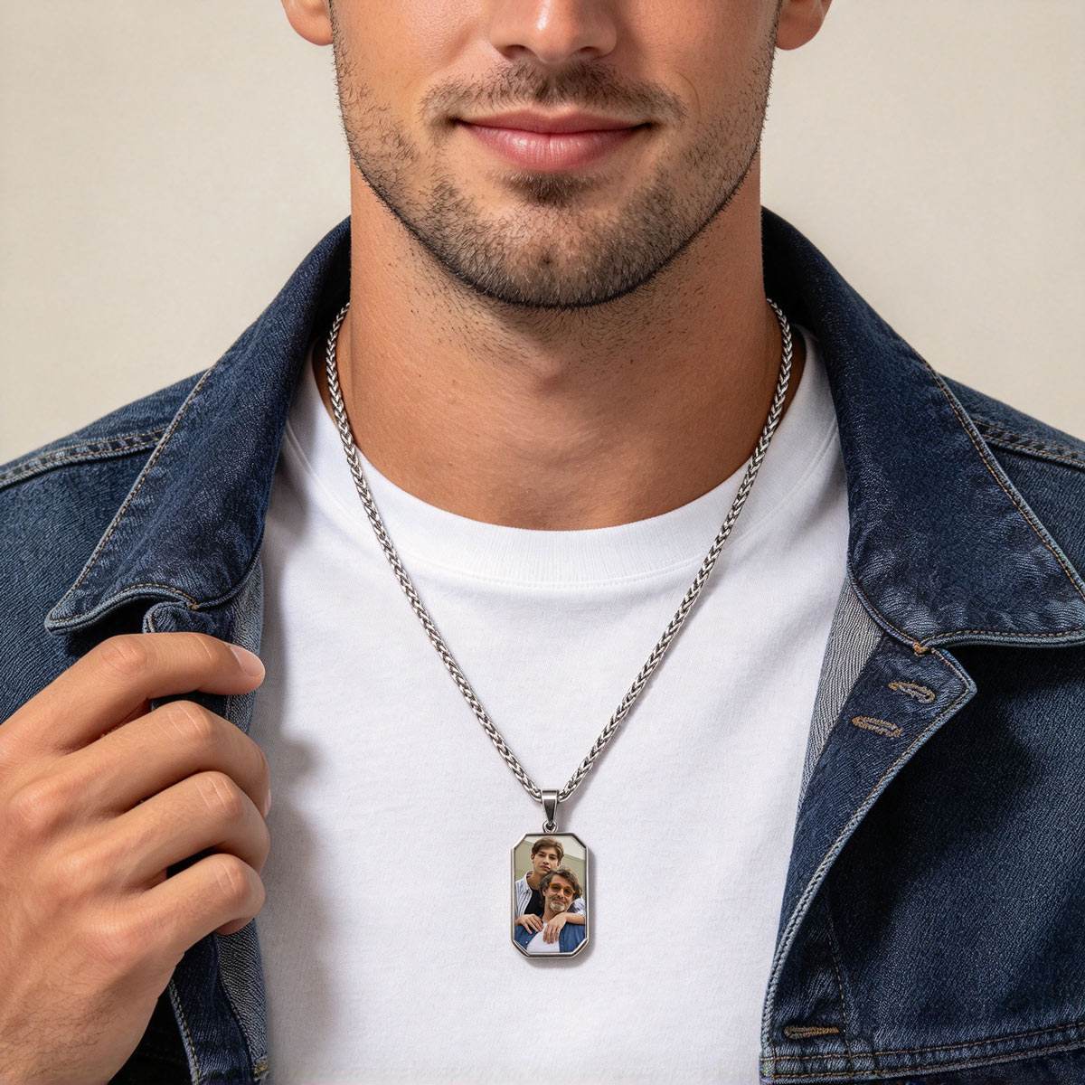 A Man in blue jacket wearing Custom Double-Sided Photo Octagon Dog Tag Necklace