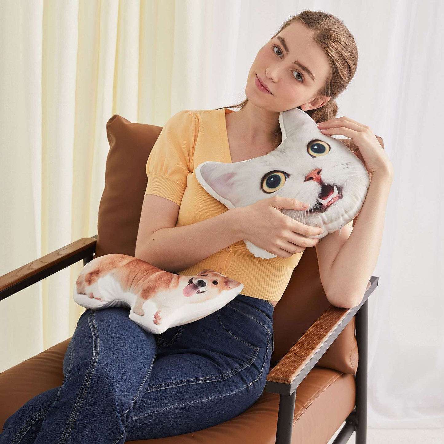 A Woman Holding Photo Face Pillow with Picture Double Side Print