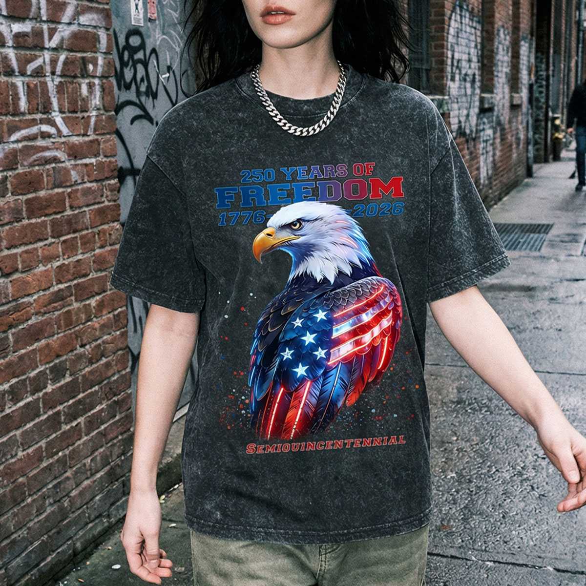 A Woman Wearing 250 Year American T Shirt 