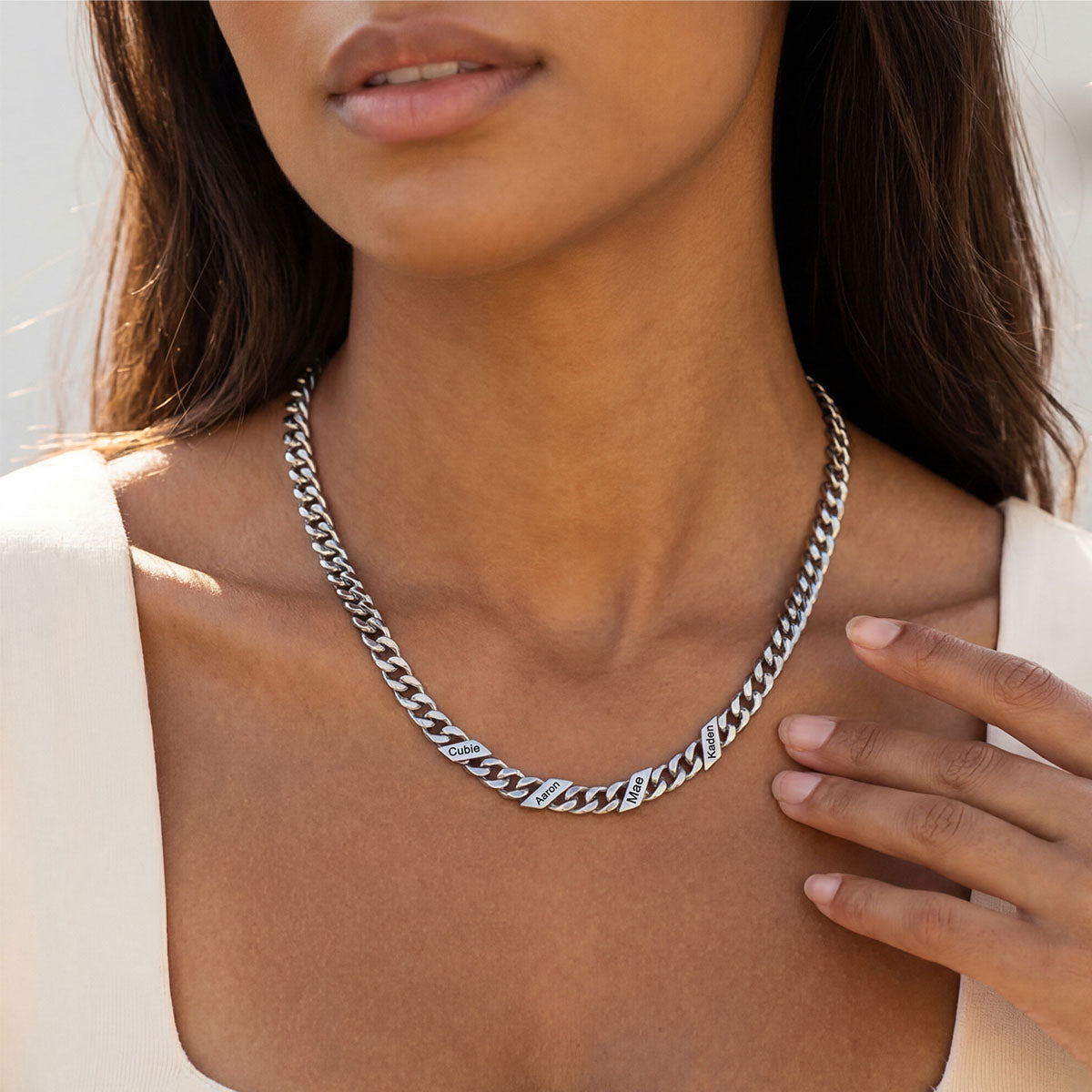 A Woman Wearing 7mm Custom Names Cuban Chain Necklace